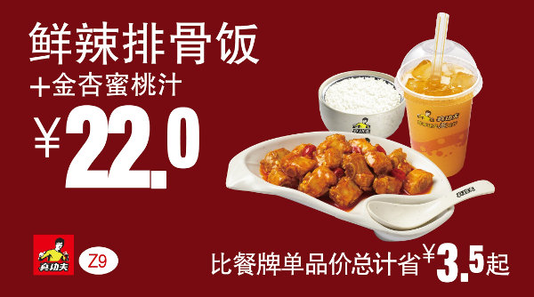 Z9 鲜辣排骨饭+金杏蜜桃汁 凭券优惠价22元，省3.5元起